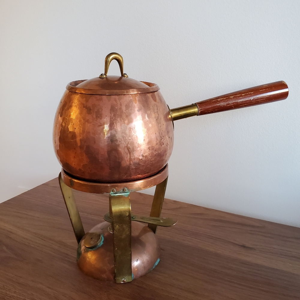 German Hammered copper fondue pot Saucier brass warmer two tone Meersburg Vtg